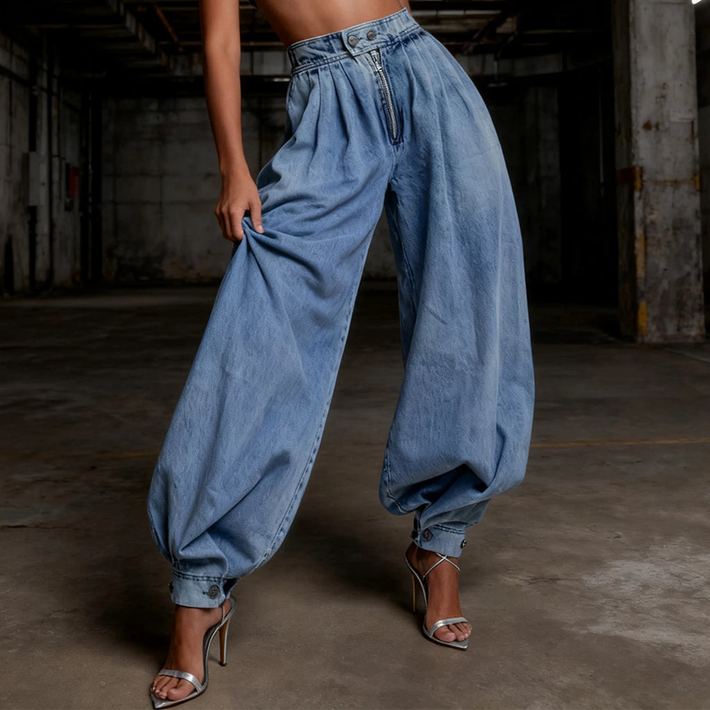 Women Y2k Loose Fit Denim Harem Long Pants Button Zipper High Waist Pleated Bloomers Wide Leg Baggy Trousers with Pockets