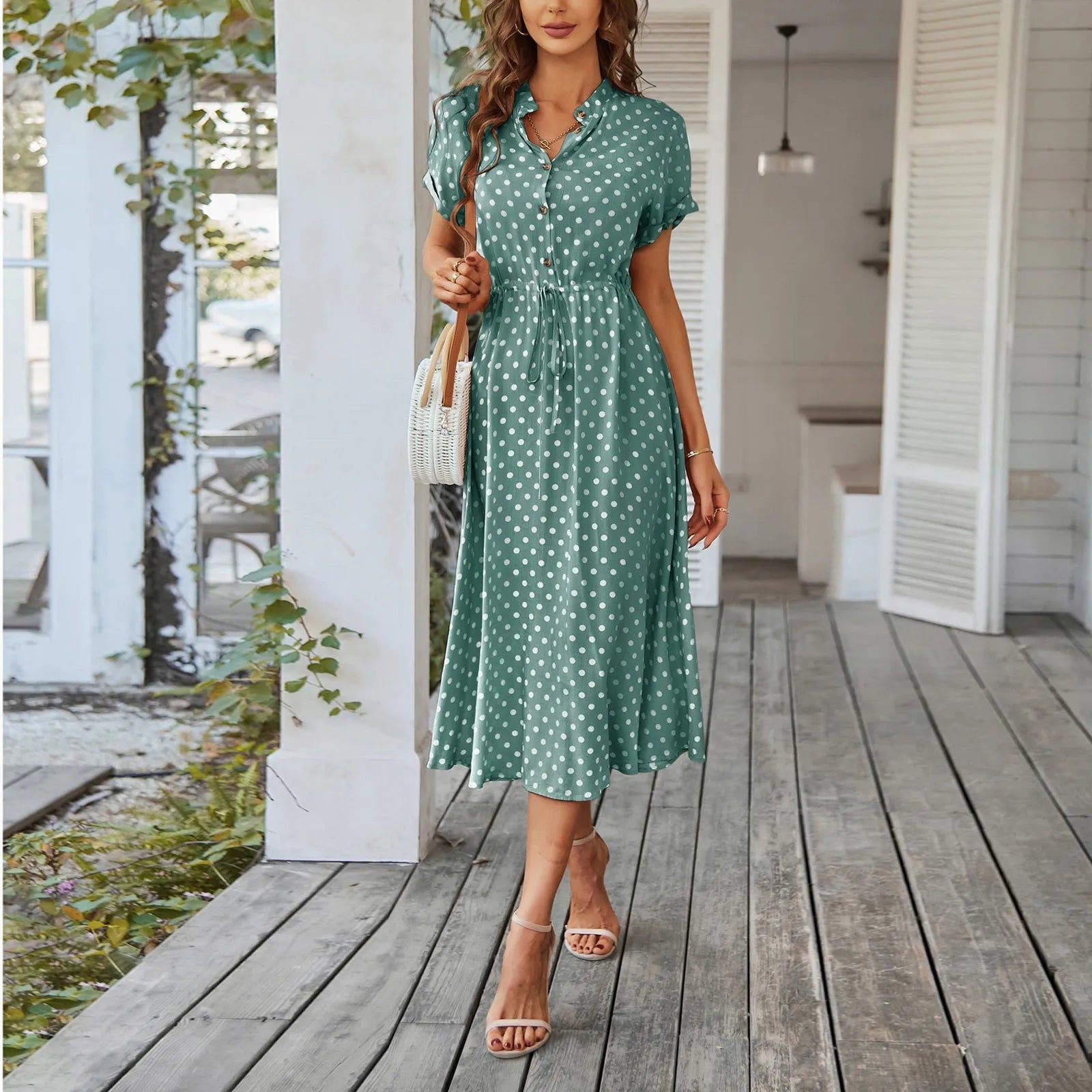 Elegant retro polka dot dress Women's Summer Midi Dress V Neck Single Breasted Short Sleeve Dresses Fashion Print Dress