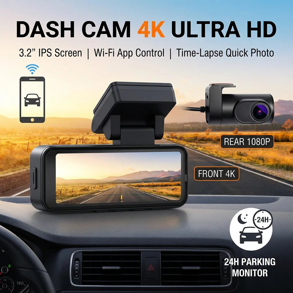 Dash Cam Dual Lens 4K UHD Recording Car DVR GPS WDR Night Vision Video Recorder Wi-Fi Room Black Box 1080P Rear View Camera