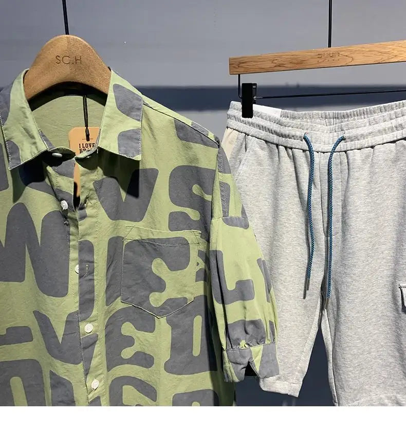 2024 Summer Trendy Men's Fashionable Lapel Full Body Letter Print High-end Versatile Casual Loose Oversized Short Sleeved Shirt