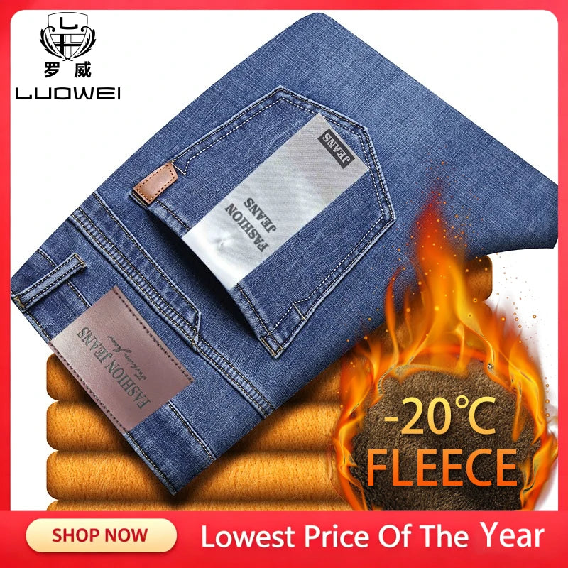 Brand Men Jean Warm Autumn Winter Loose Straight Jeans Male Casual Fleece Lined Thickened Denim Pant Elastic Waist High Trousers