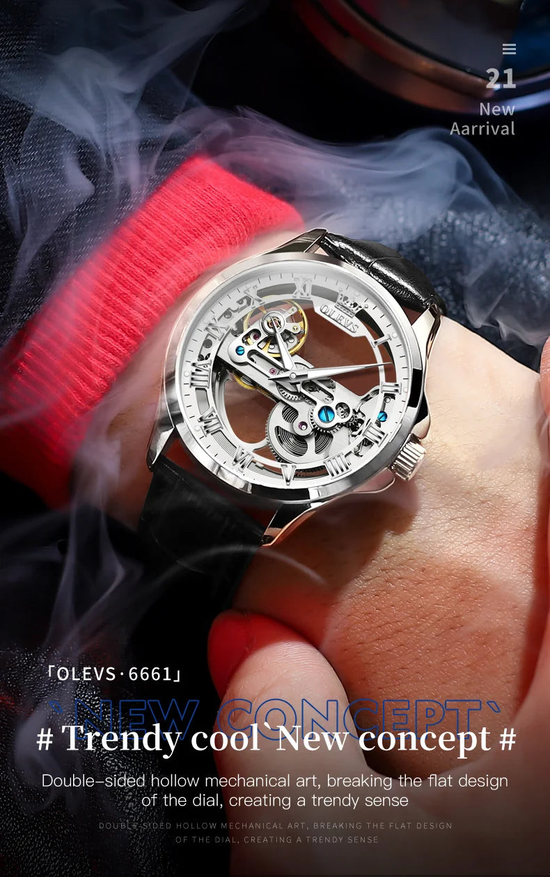 OLEVS Couple Watches Original Fully Transparent Skeleton Automatic Mechanical Watches For Men Women Lover's Gift Luxury Watches