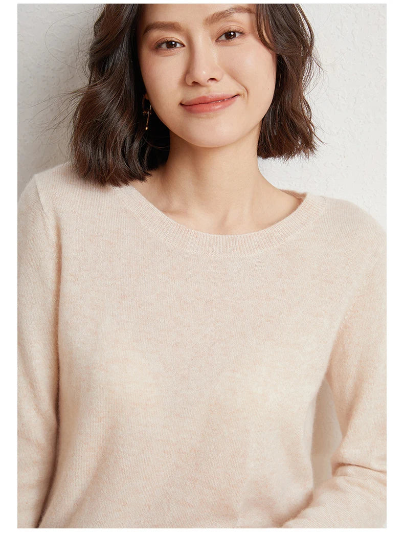 100%Merino Pure Wool Pullover Sweater For AutumnWinter Women's Round Neck Warm High-Quality Solid Color Basic Knitted Jumper Top