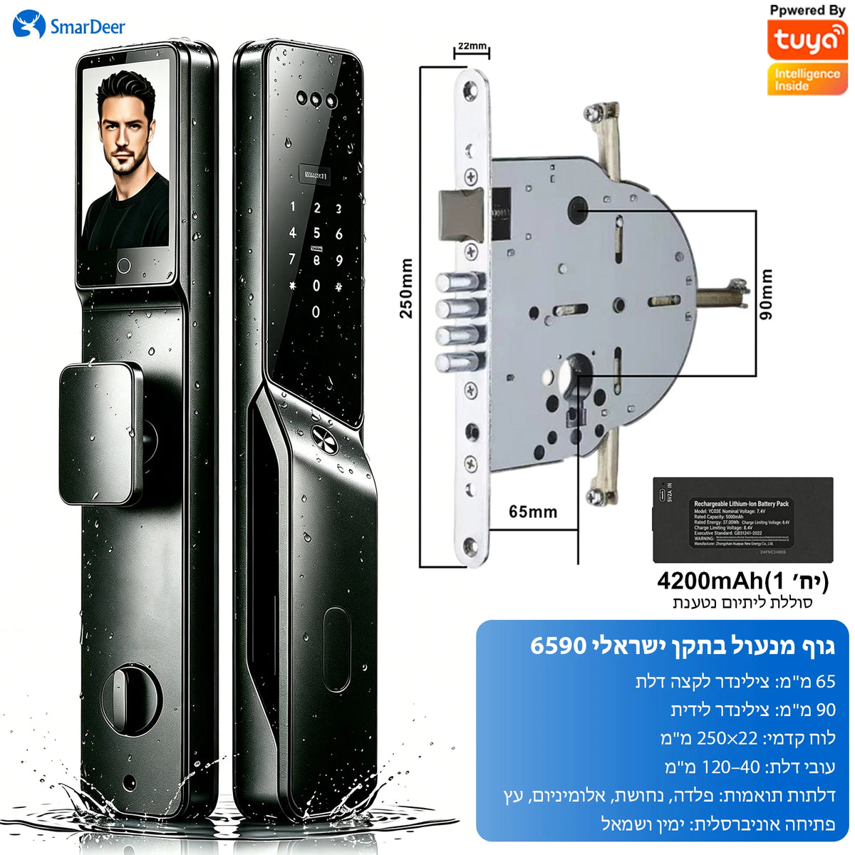 SmarDeer 6590 Israeli Standard Mortise Smart Lock, Tuya WiFi 3D Face Palm Vein Lock, IP66 Waterproof Hebrew Support