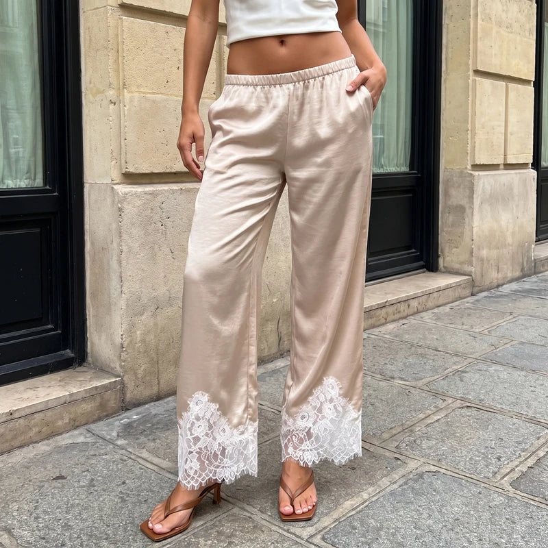 Maemukilabe Women Satin Wide Leg Pants Elastic High Waist Lace Hem Loose Trousers Elegant Vacation Beach Casual Streetwear Pants