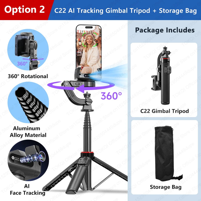 C22 AI Face Tracking Handheld Gimbal Stabiliser 360° Rotation Shoot Selfie Stick Tripod for Mobile Phone, 1/4'' Screw for Camera