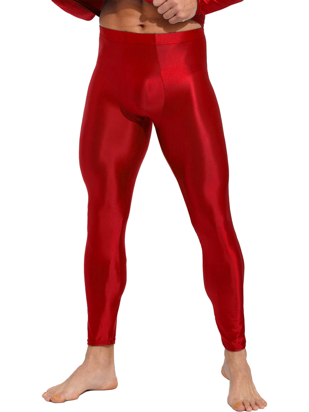 Men Elastic Waistband Skinny Shiny Yoga Tights Pants Solid Color Leggings Exercise Running Gym Fitness Training Sportswear