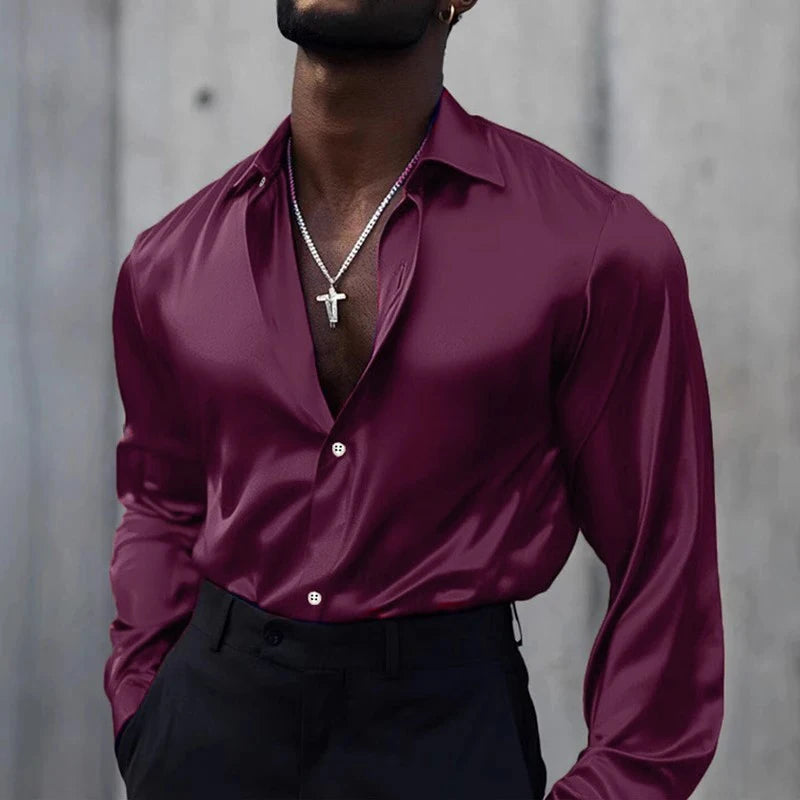 2025 Spring Fashionable Mens Silk Shirt Stylish Solid Color Long Sleeve Button-up Shirts Men New Casual Turn-down Collar Shirt