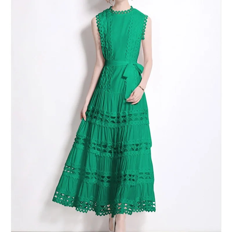 Sexy Hollow Out Embroidery O Neck Sleeveless Bandage Long Dresses Chic Evening Party Summer Vestidos Women Hip Wrap Clothing