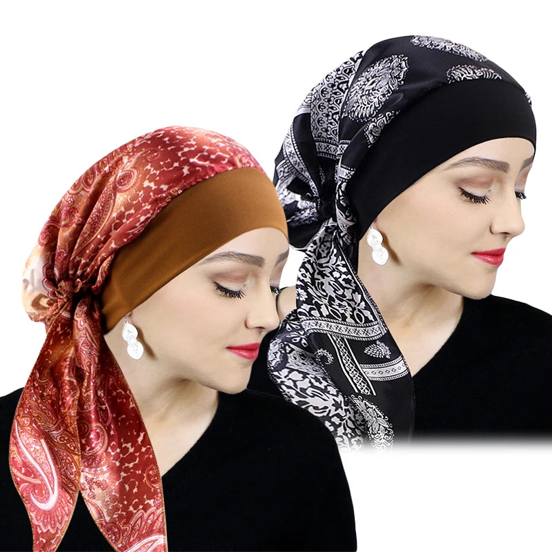 Printed Pre-tie Headscarf Women Elastic Muslim Female Turban Cancer Chemo Hat Hair Loss Cover Head Wrap Headwear Stretch Bandana