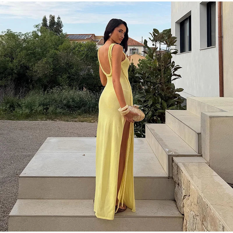 Women Solid Braided Trim Cutout Maxi Dress Sleeveless High Slit Bodycon Fit Gown 2026 Summer Elegant Evening Formal Party Outfit
