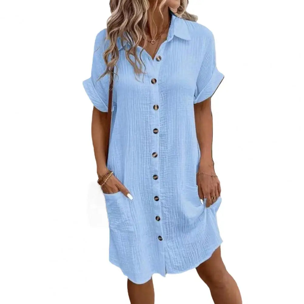 2026 Women's Cotton Linen Dress Casual Button Down V-neck Dress Summer Short Sleeve Beach Sundress Elegant Women Maxi Dress