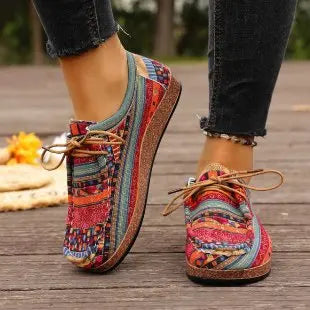Spring 2025 Women's Printed Canvas Shoes Flat Platform Casual Toe Loafers Breathable Autumn Fashion Sneakers