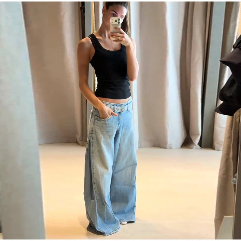 2026 Spring Low Waist Pleated Wide Leg Jeans Light Wash Raw Edge Double Waistband Casual Women Pants Trendy Y2K Lady Trousers
