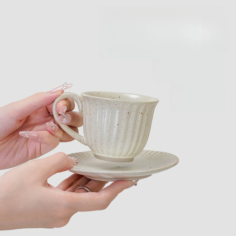 A Set of Cups and Plates Coffee Cup Retro Style Ceramic Striped Office Afternoon Tea Coarse Pottery Drinking Water Milk Cup