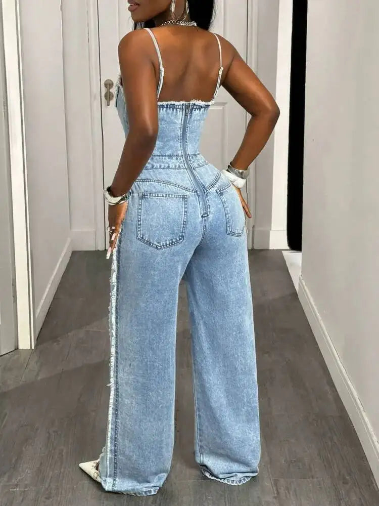SHENGPALAE Women Denim Jumpsuit Spaghetti Strap Wide Leg Ripped Frayed Pocket Street Washed Autumn 2026 New 05E03276