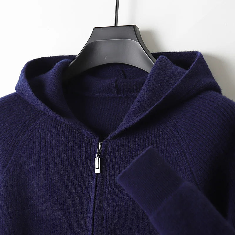 Autumn and Winter 100% Pure Cashmere Cardigan Men's Hoodie Zipper Thick Sweater Loose Plus Size Wool Knitted Sweater Coat