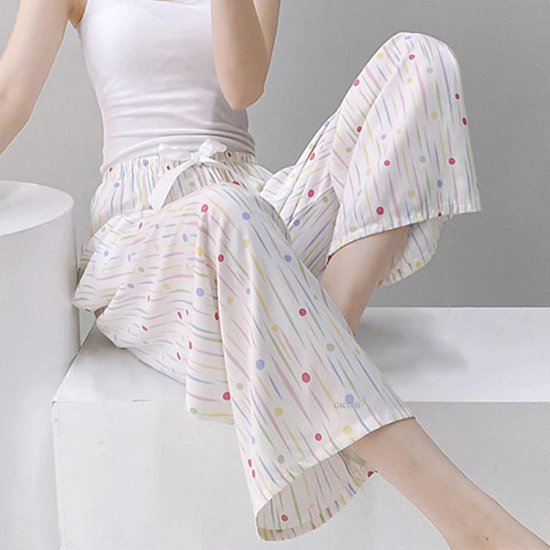 2025 Summer Sleeping Pants Women Thin Bottoms Spring Large Size Home Wear Pants Pajamas Flower Print Loose Cute Beach Trousers