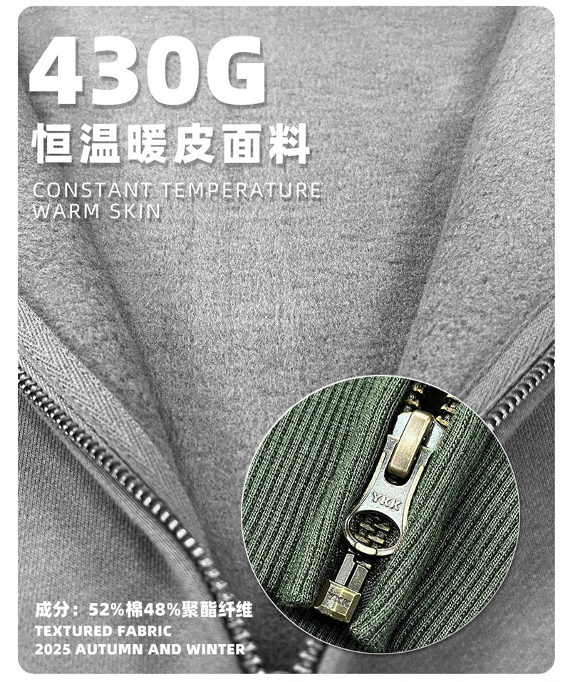 ZODF Trendy Winter Man Warm 430gsm Fleece Zipper Hoodies Unisex Solid Loose Zip-Up Hooded Coats Brand Outfit HY1130