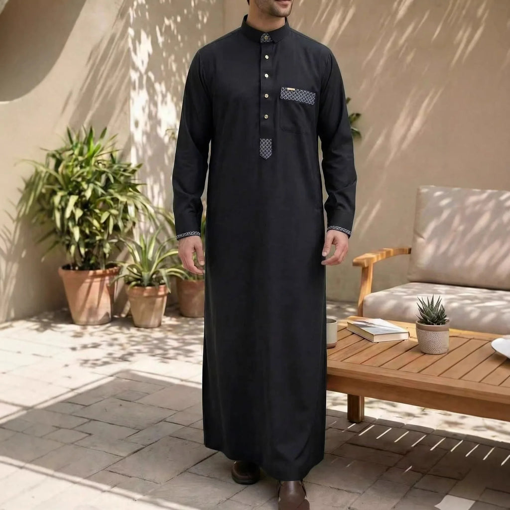 Apricthobe Middle Eastern men's side-pocket robe and jubba Thawb men's plus-size Muslim casual embroidered Arab robe