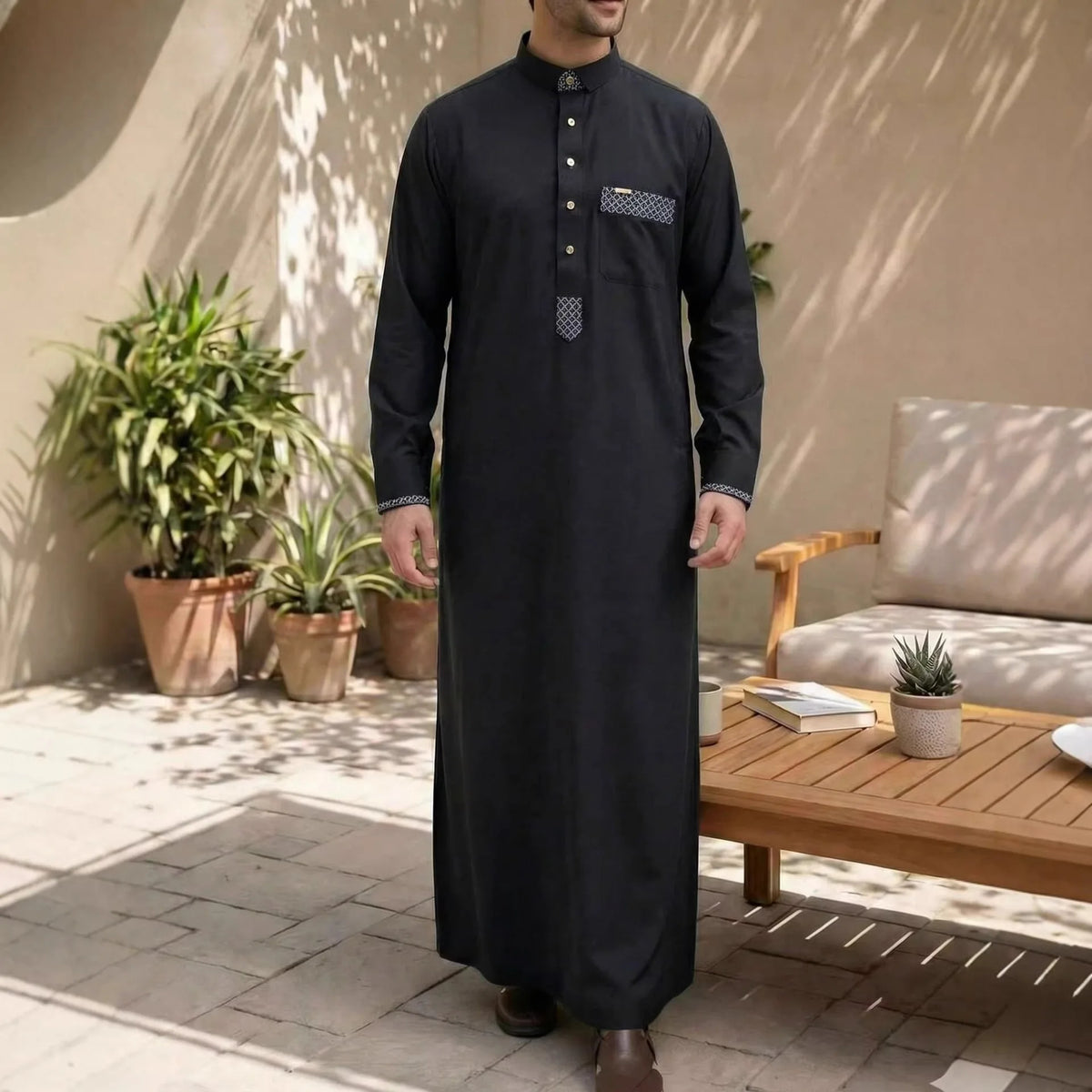 Apricthobe Middle Eastern men's side-pocket robe and jubba Thawb men's plus-size Muslim casual embroidered Arab robe