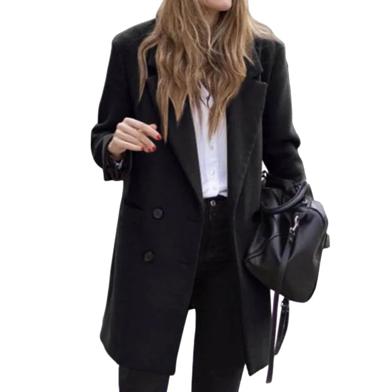 Wool Blends Winter Women's Jacket Lining Elegant Lapel Coat Double Breasted Minimalist Street Women's Jackets