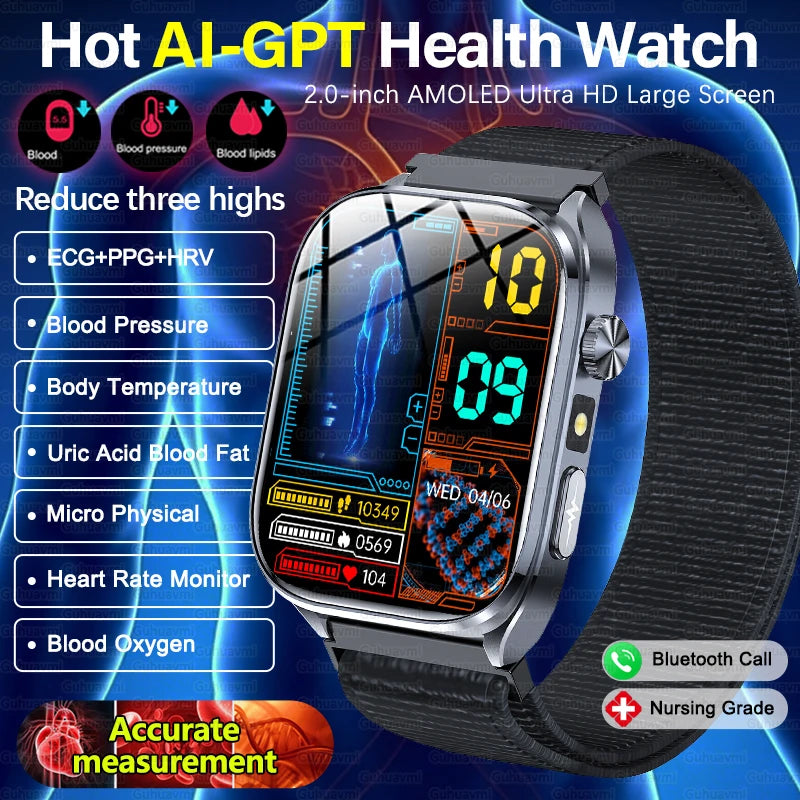 2026 New AI-Diagnosis Care Smartwatch Accurate ECG Uric Acid Lipids Blood Pressure Body Fat IP68 Waterproof Fitness Smartwatch
