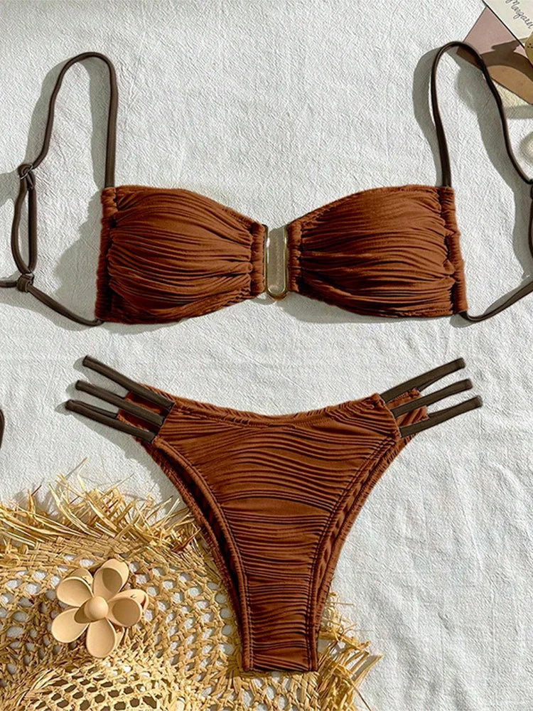 Vzvn Sexy Solid Beach Vacation Bikinis Set Women Split Swimsuit Bikini 2026 New All Season Backless Bandage Bikinis 2 Piece Set