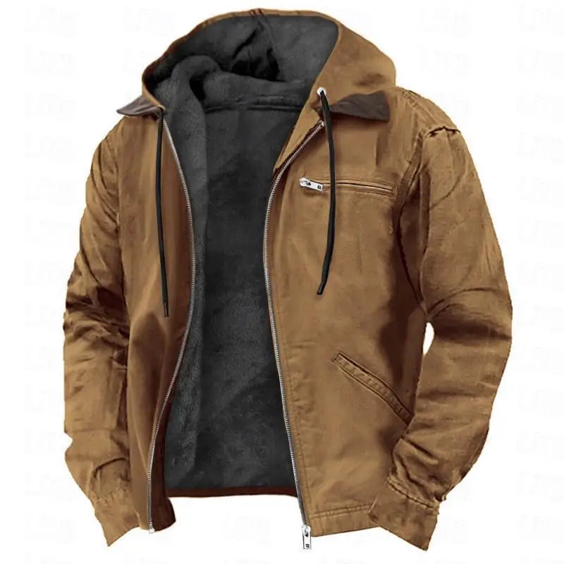 European and American Men's Autumn and Winter Casual Hooded Zipper and Fleece Warm Jacket With Multiple Pockets Outdoor Jacket