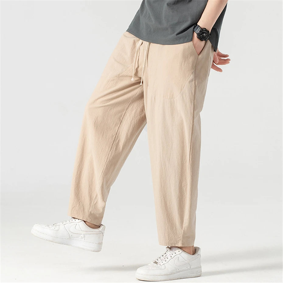 Linen Pants Men Baggy Pants Plus Size 9XL Summer Ankle-length Pants Male Solid Color Bottom Big Size 9XL