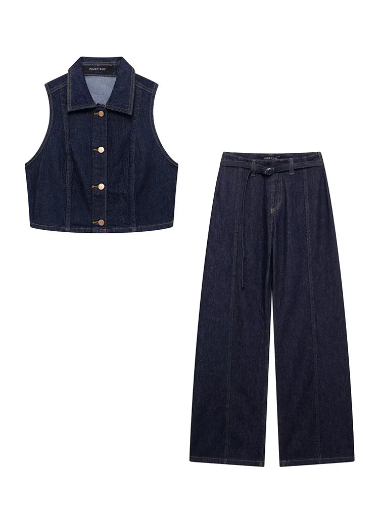 HH Women Turn-down Collar Single-breasted Sleeveless Denim Vest Top+High Waist Pocket Zipper Belt Flared Jeans 2 Piece Set