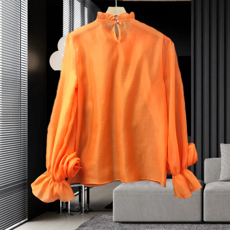 Spring 2026 French Style Shirt Women Three-dimensional Flowers Patchwork Colored Blouse Solid Long Sleeve Women Top 42927