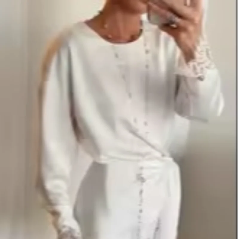 Satin Lace Patchwork Dress Women Long Sleeve O-neck Casual 2026 Spring Female Dresses Casual Solid Beach Robe not contain pearls