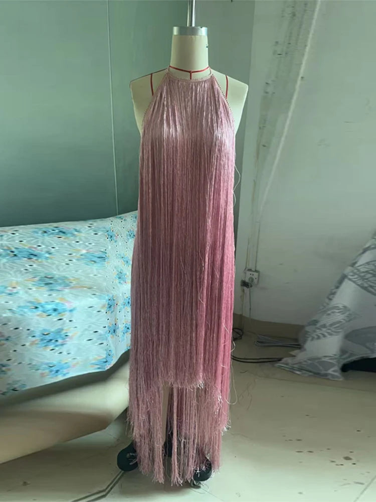 Party Women's Dress Halter Sleeveless Backless Tassel Solid Female Long Holiday Dresses 2026 Summer Fashion Elegant Lady Robe