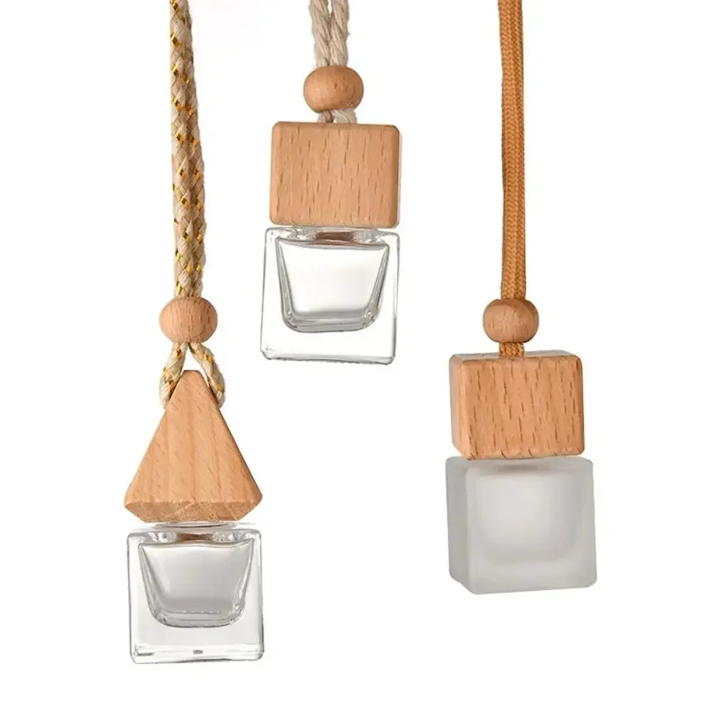 Car Air Freshener Pendant Perfume Glass Bottle With Wooden Caps Refillable Car Essential Oil Diffuser Bottle