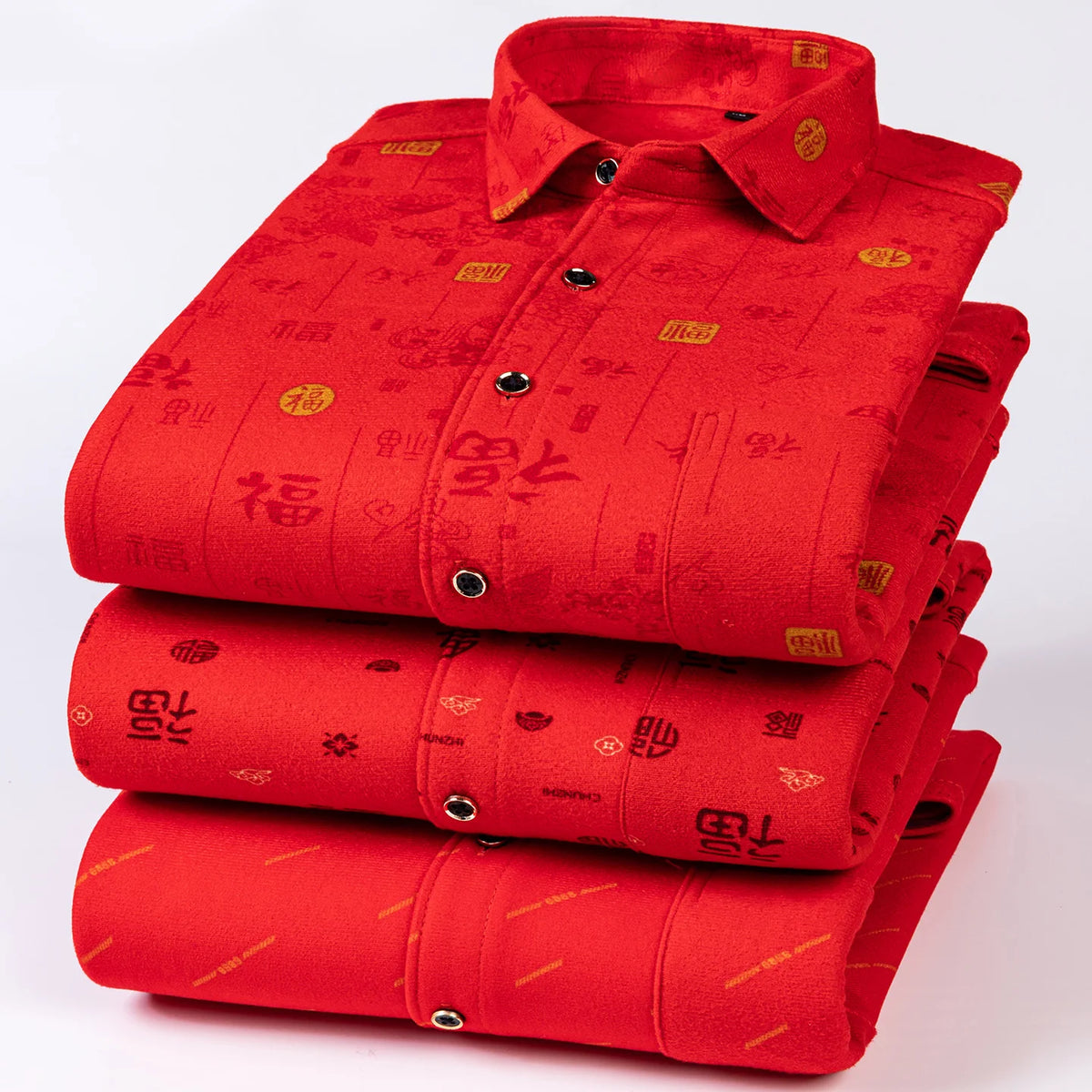Men's long-sleeved shirt in Chinese red with fleece and thickened texture, warm and casual, comfortable and versatile for winter