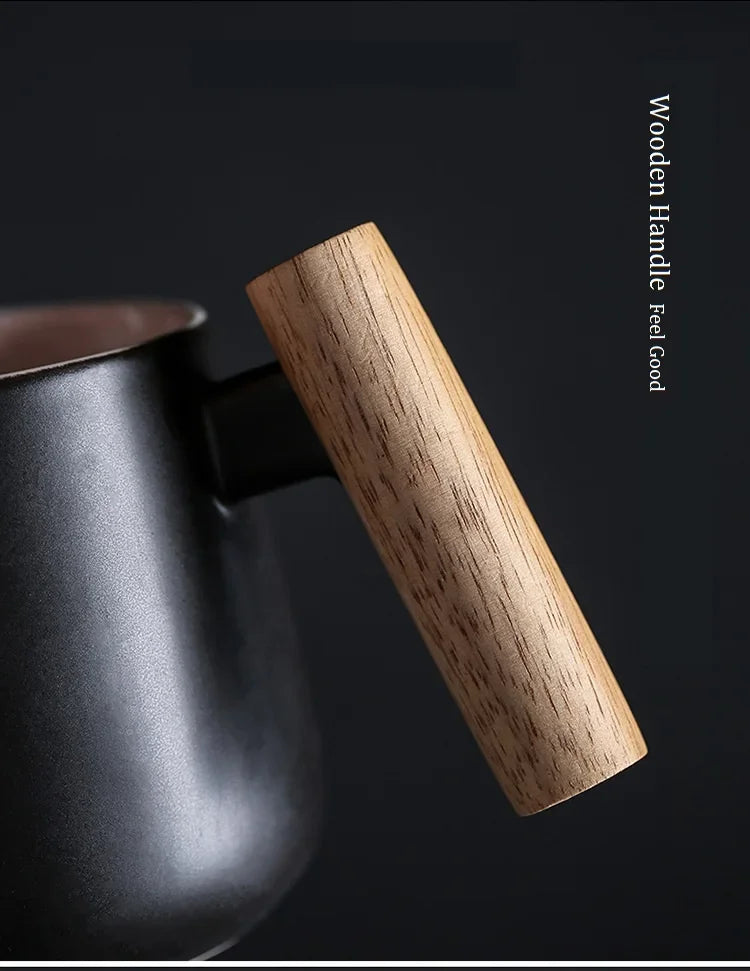 Nordic Style Black White Fat Body Coffee Mug with Wooden Handle and Spoon Modern Office Use Water Milk Drinks Ceramic Cups