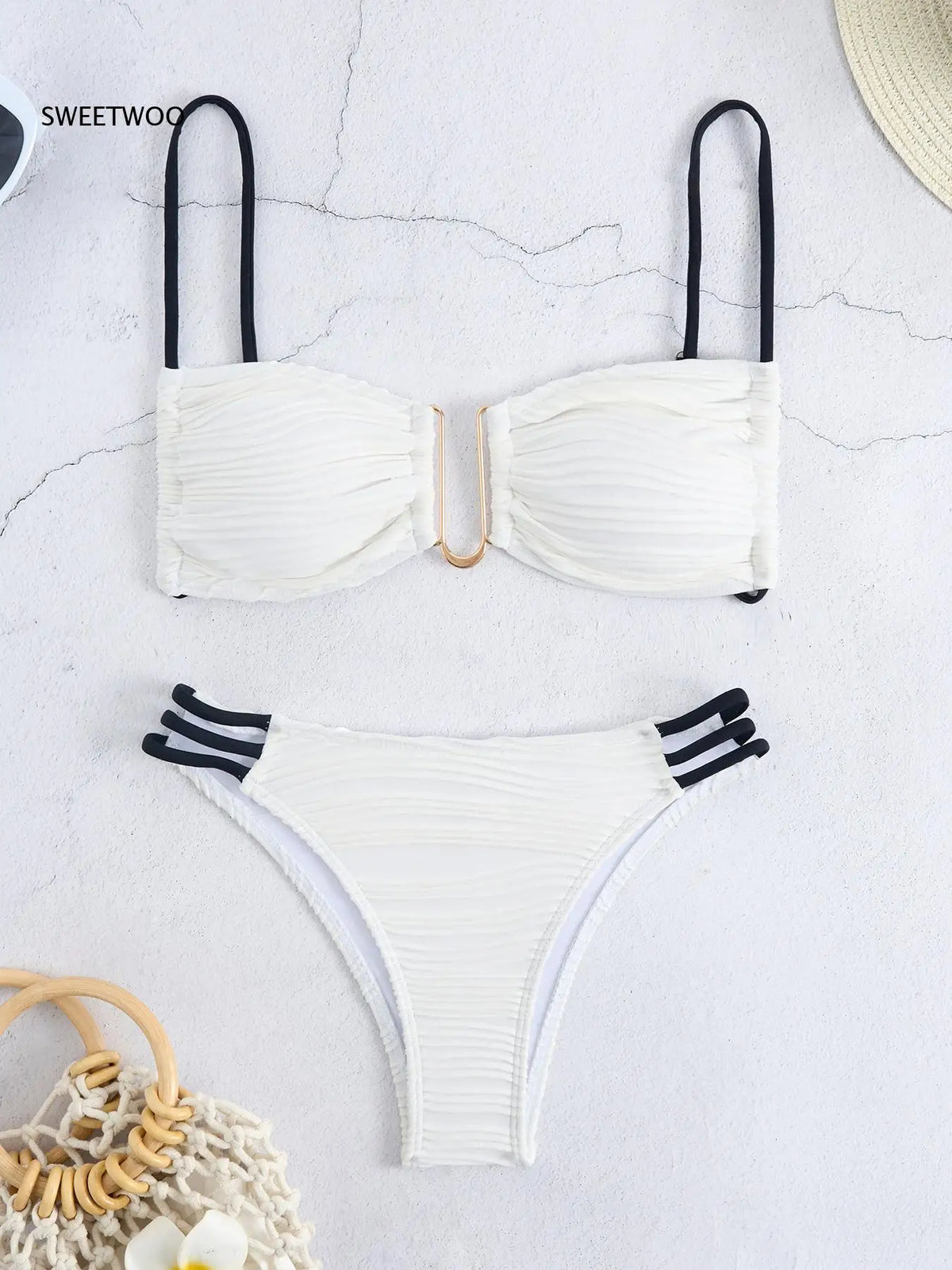 Color Block Ruched Bikini Swimsuit Thin Shoulder Straps Square Metal Ring Bikini Top Multi Strap Brief Fashion Bathing Suit