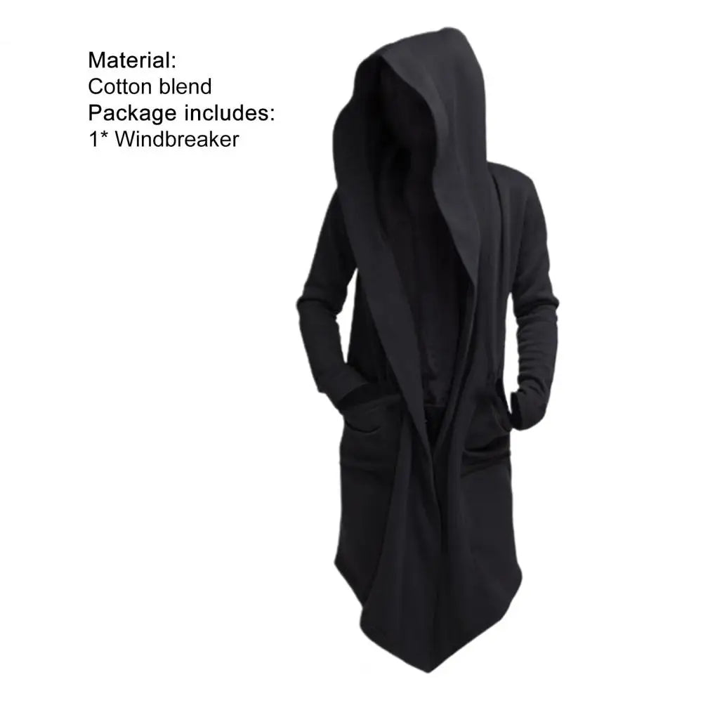 Oversize Men Coat Long Turn-down Collar Big Hat Cardigan Trench Coat Hooded Oblique Hem Big Pockets Men Windbreaker Outwear