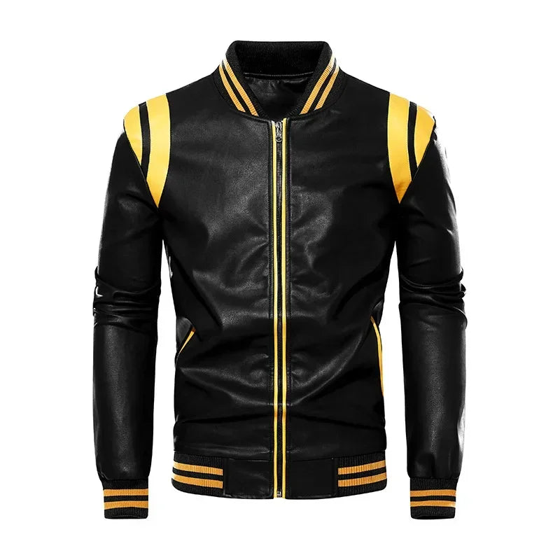 Motorcycle Men Leather Jacket Patchwork Biker Coat Motorcycle Jackets Mens Winter Casual Fleece Warm Coats Stripe Loose Outwear