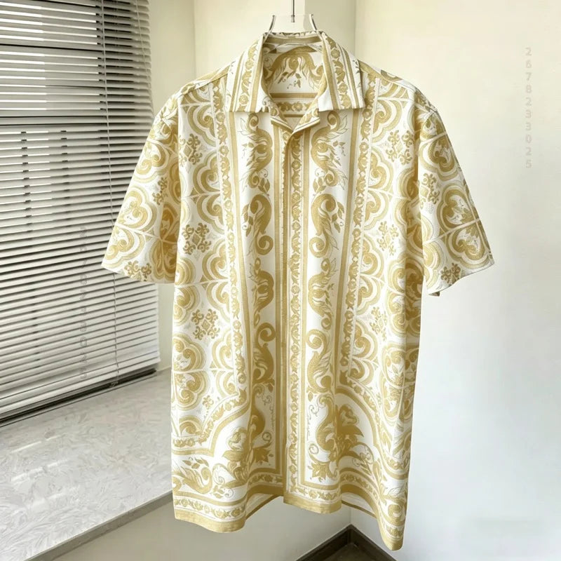 Men's shirts, summer Baroque printed shirts, loose oversized retro short sleeved shirts, vacation style versatile men's tops