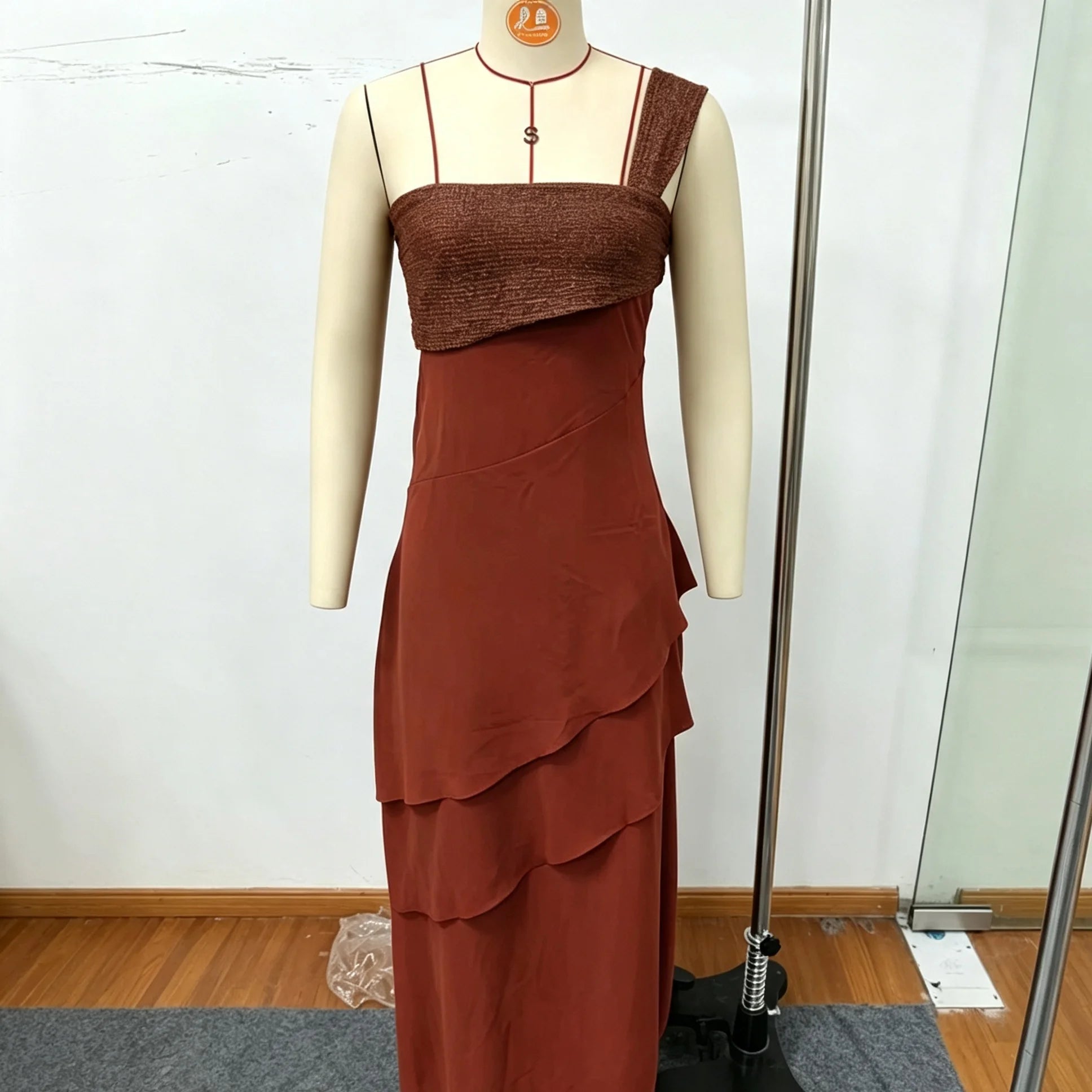 Elegant Patchwork Women's Dress Sleeveless Cascading Ruffle Skew-Collar Lady Long Dresses 2026 Summer Chic Female Vacation Robe