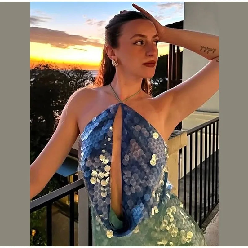 Sequins Halter Hollow Out Dress Women's Sexy Backless Sleeveless Contrast Color Mini Dresses 2026 Summer New Lady Beach Robes