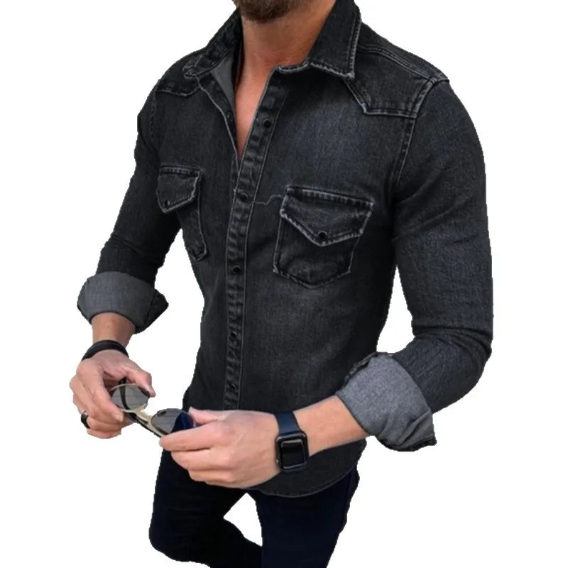 Denim Shirt Men Long Sleeve Washed Spring Summer Jean Tops