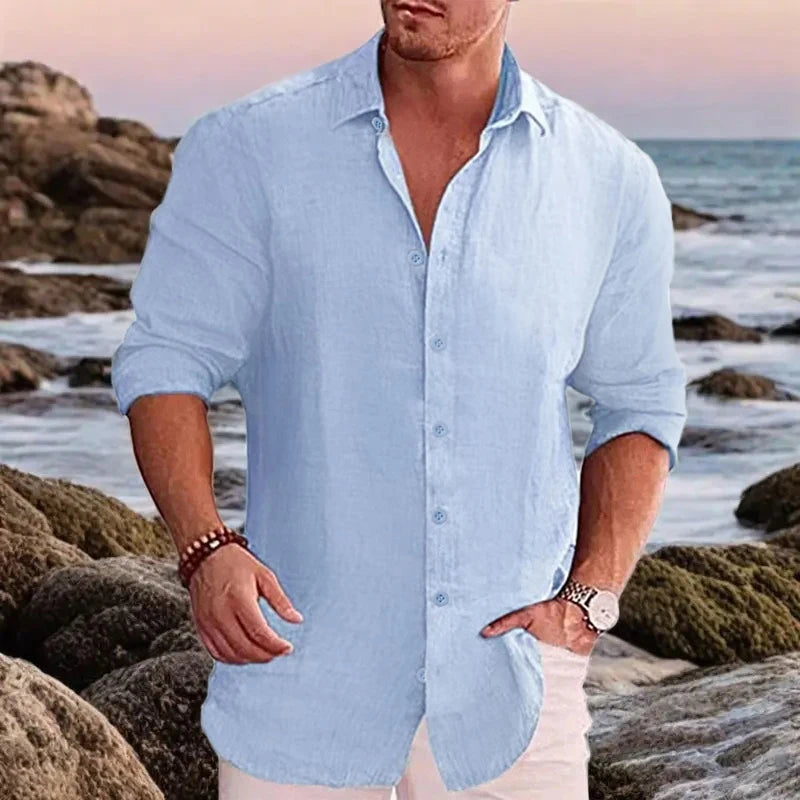 New men's cotton linen autumn hot long-sleeved shirt solid colour versatile casual resort style men's shirt tops
