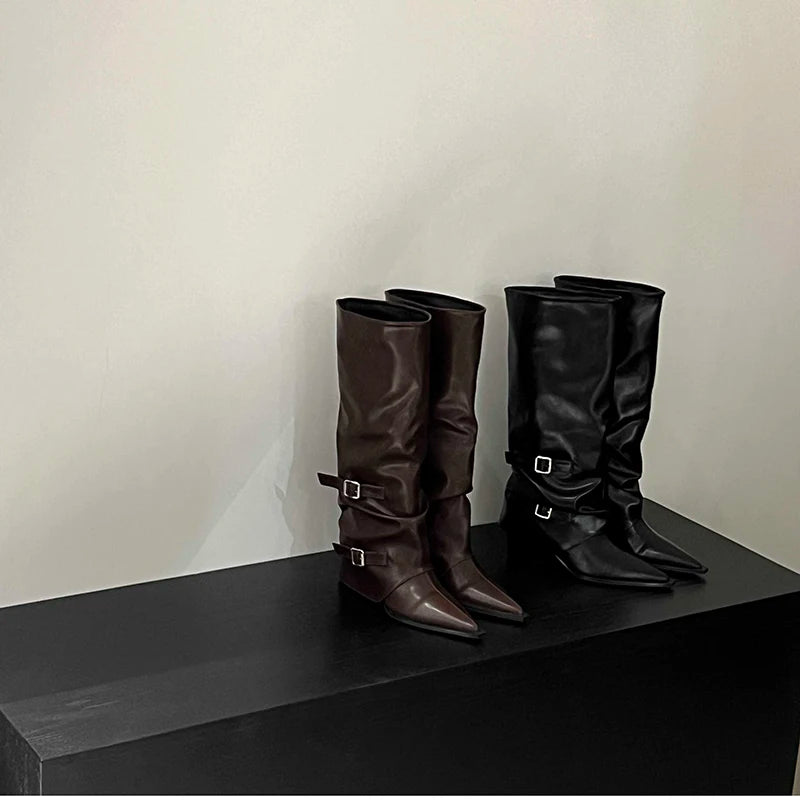 Retro Style Women Knee High Boots Fashion Belt Buckle Shoes Autumn Winter Wedges Heel Women's Knight Long Booties