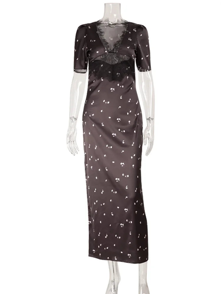 Lace Patchwork Printed Maxi Dresses for Women Fashion Sexy Streetwear Short Sleeves Slim Hollow Out Long Vestidos Robes Female