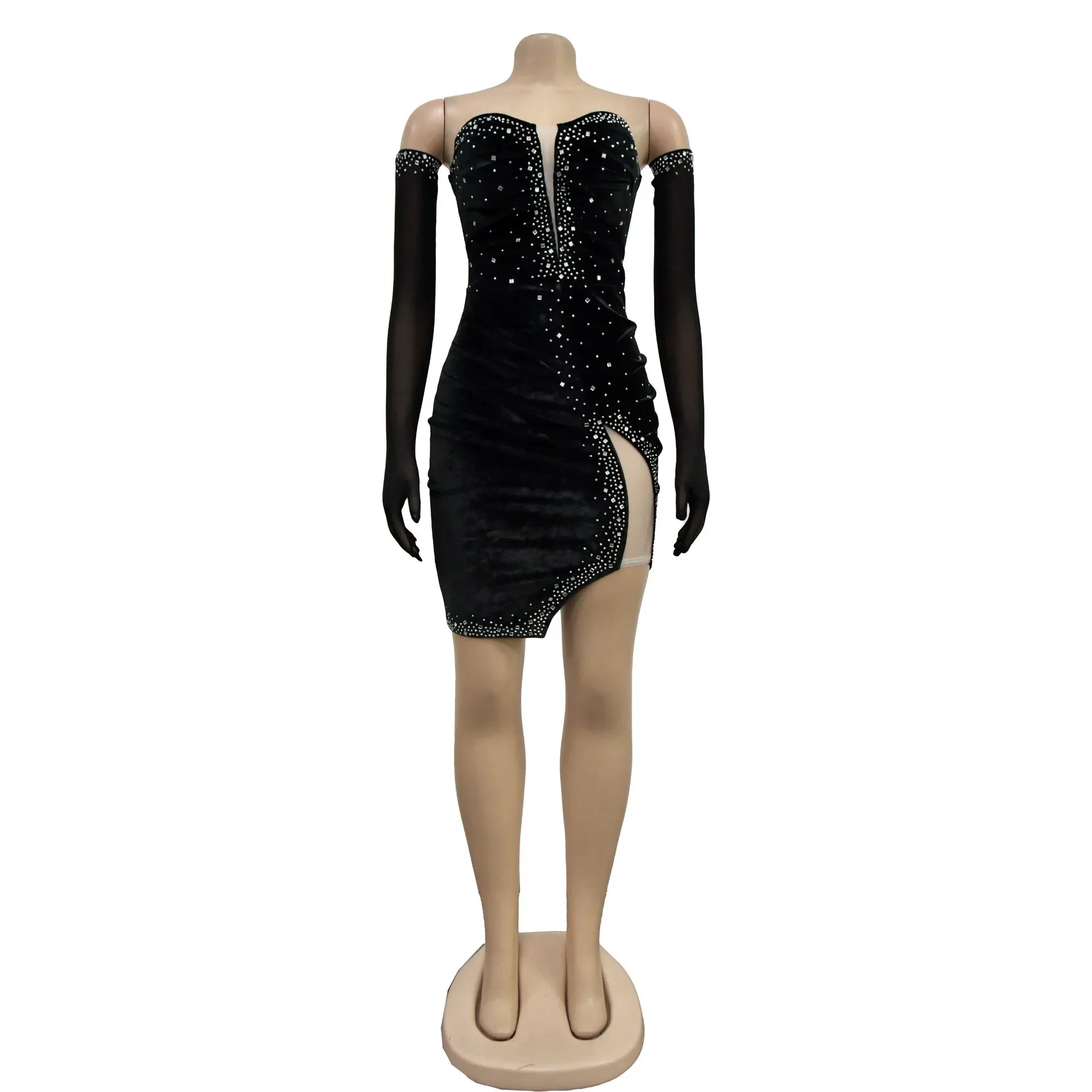 Women Diamonds Hot Rhinestones Velvet Ruched Side Split Bodycon Midi Dress with Cuff 2026 Sexy Party Dresses Vestidos