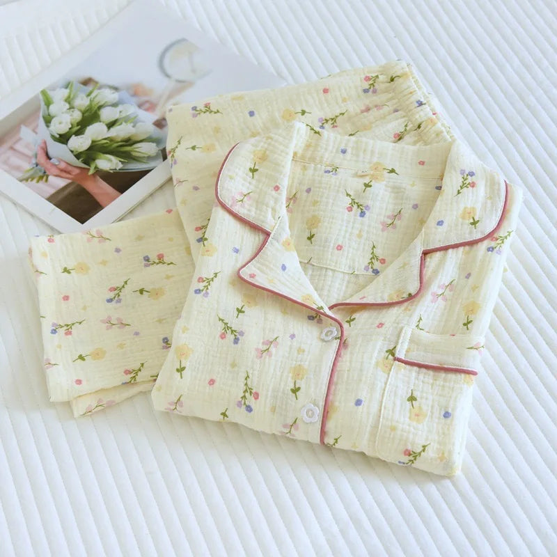 2025 Autumn Cotton Crepe Women's Pajamas Casual Soft Loose Sleepwear Long Sleeve Pants Pajama Sets Night Clothes 2-piece Set