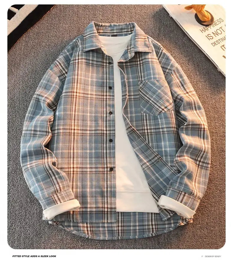 Retro Japanese Plaid Long Sve irt Men's Casual Loose Fit Spring Autumn Wear for Students And Couples Youth Faion